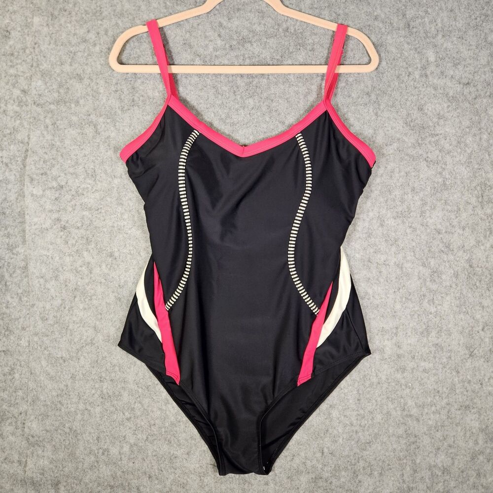 Womens Black Hot Pink Accent One Piece Swimsuit Beach Vacation Swim READ